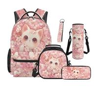 SEANATIVE Pink Cat Backpack Set 5 Piece Cute 17 Inch Water Resistant Backpack with Insulated Lunch Box Pencil Pouch for Girls Elementary Primary