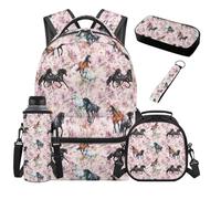 SEANATIVE Pink Horse Girls Backpack Set 5 Piece Floral Print 17 Inch Large Capacity Backpack with Lunch Box Pencil Pouch for 9-12 Years Old Elementary to Middle School Waterproof School Bags Set