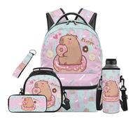 SEANATIVE Pink Ice Cream Kids Backpack Set 5 Piece Cute Capybara 17 Inch Adjustable Padded Straps Backpack with Lunch Bag Pencil Case for 9-12 Years Old Elementary to Middle School Gift for Sister