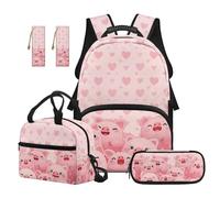 SEANATIVE Pink Pig 17 Inch Backpack Set for Kids 9-12 Years Old Cartoon Backpack with Lunch Box 5 Pcs Set Breathable School Bag with Pencil Case & 2 Bookmarks