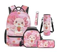 SEANATIVE Pink Strawberry Backpack Set of 5 Axolotl 17 Inch Soft Backpack with Lunch Bag Pencil Case for 9-12 Years Old Elementary to Middle School Gift for Friends