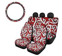 SEANATIVE Polynesian Tribal Traditional Print Car Seat Covers Front Bucket Seat Cushion Pads with Rear Bench Cover,Universal Steering Wheel Cover Full Set