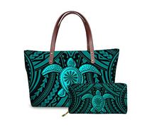 SEANATIVE Polynesian Turtle Traditional Print Womens Handbags&Wallet Set of 2,Heavy Duty Shoulder Bags Top-Handle Bags for Ladies Girls Bookbag