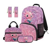 SEANATIVE Purple Axolotl Backpack Set of 5 Kawaii 17 Inch Soft Backpack with Lunch Bag Pencil Pouch for 9-12 Years Old Elementary to Middle School Cartoon Bookbag Set
