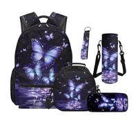 SEANATIVE Purple Butterfly Backpack Set 5 Pcs Fashion 17 Inch Waterproof Backpack with Lunch Bag Pencil Pouch for 9-12 Years Old Middle School Cute Kids School Bags