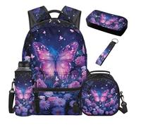 SEANATIVE Purple Butterfly Girls Backpack Set for Elementary 5 Piece Elegant 17 Inch Water Resistant Backpack with Lunch Box Pencil Pouch for 9-12 Years Old Multifunctional School Bags Gift for Sister