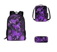 SEANATIVE Purple Butterfly School Bags for Kids Girls 6-18 Years 17 Inch Backpack with Pencil Holder and Reusable Lunch Bag Sets Portable Stationery