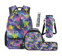 SEANATIVE Purple Dinosaur Backpack Set 5 Pcs Galaxy Print 17 Inch Water Resistant Backpack with Lunch Bag Pencil Case for 9-12 Years Old Elementary to Middle School Cute Bookbag