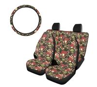 SEANATIVE Red Mushroom Print Car Decro Accessories Set Cute Front Rear Seat Protector with Steering Wheel Cover 4Pcs Automotive Seat Covers, Anti-slip and Dustproof