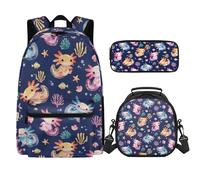 SEANATIVE Sea Axolotl Girls School Backpack 3 Pieces Lightweight Pencil Stationary Bag Thermal Lunch Bag Tote for Students Satchel Casual Daypack Laptop Rucksack, Fit for Middle School