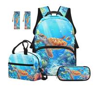 SEANATIVE Sea Turtle Backpack Set 5 Pcs Cartoon 17 Inch Large Capacity Backpack with Lunch Bag Pencil Case for 9-12 Years Old Teens Elementary to Middle School