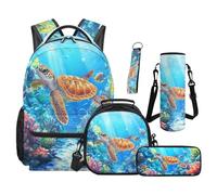 SEANATIVE Sea Turtle Backpack Set 5 Pcs Cartoon 17 Inch Waterproof Backpack with Lunch Bag Pencil Pouch for 9-12 Years Old Middle School Kids School Bags