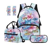 SEANATIVE Sea Turtle Kids Backpack with Lunch Bag, Hibiscus Backpack 5 Piece Set Large Capacity 17 Inch School Bag Set with Pencil Case & 2 Bookmarks for Girls 9-12 Gift for Daughter
