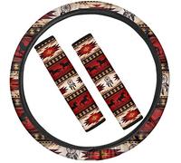SEANATIVE SEANATIVE Southwestern Tribal Native Aztec Horse Car Steering Wheel Cover Set with Seat Belt Cushion Pads Universal Fits Car Accessories