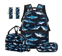 SEANATIVE Shark 17 Inch Backpack Set for Kids 9-12 Years Old, Cartoon Backpack with Lunch Box 5 Pcs Set Breathable School Bag with Pencil Case & 2 Bookmarks for Middle School