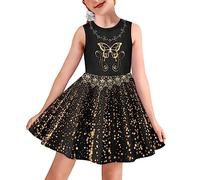 SEANATIVE Shiny Butterfly Print Fashion Party Skater Twirl Dress for Girls Kids Sleeveless Swing Midi Dresses Knee Length Jumper Skirt Size 3-16 Years