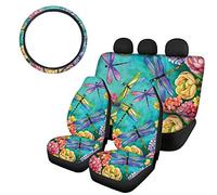 SEANATIVE Soft Flexible Seat Protector Accessories 4 PCS/Set Front&Rear Seat Covers with Anti-Slip Steering Wheel Cover Hawaiian Style Hibiscus Floral Dragonfly Printed