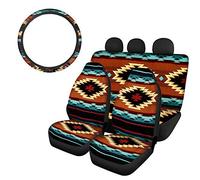 SEANATIVE Southwestern Tribal Car Seat Covers,Front Bucket Saddle Blanket+Rear Bench Cover+Steering Wheel Cover Set of 4 Packs,Universal Fit