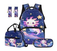 SEANATIVE Starry Axolotl Backpack Set of 5 Cartoon 17 Inch Soft Backpack with Lunch Bag Pencil Pouch for 9-12 Years Old Elementary to Middle School Cute Kids School Bags