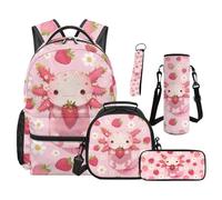 SEANATIVE Strawberry Backpack Set 5 Pcs Axolotl 17 Inch Large Capacity Backpack with Lunch Bag Pencil Case for 9-12 Years Old Teens Elementary to Middle School