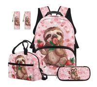 SEANATIVE Strawberry Backpack Set 5 Pcs Sloth 17 Inch Large Capacity Backpack with Lunch Bag Pencil Pouch for 9-12 Years Old Elementary to Middle School