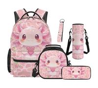 SEANATIVE Strawberry Backpack Set of 5 Axolotl 17 Inch Soft Backpack with Lunch Bag Pencil Pouch for 9-12 Years Old Elementary to Middle School Unisex Bookbag Set