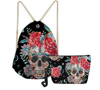 SEANATIVE Sugar Rose Skull Women Drawstring Sackpack with Pu Leather Makerup Comsmetic Bag Set