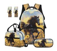 SEANATIVE Sunflower 17 Inch Backpack Set for Kids 9-12 Years Old, Horse Backpack with Lunch Box 5 Pcs Set Breathable School Bag with Pencil Case & 2 Bookmarks for Middle School