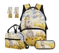 SEANATIVE Sunflower 17 Inch Backpack Set for Kids 9-12 Years Old, White Horse Backpack with Lunch Box 5 Pcs Set Durable School Bag with Pencil Case & 2 Bookmarks for Middle School