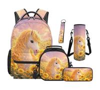 SEANATIVE Sunflower Backpack Set 5 Pcs Horse 17 Inch Large Capacity Backpack with Lunch Bag Pencil Case for 9-12 Years Old Teens Elementary to Middle School