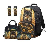 SEANATIVE Sunflower Backpack Set 5 Pcs Wolf 17 Inch Large Capacity Backpack with Lunch Bag Pencil Pouch for 9-12 Years Old Elementary to Middle School
