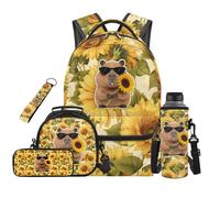 SEANATIVE Sunflower Backpack Set for 9-12 Years Old 5 Pcs Capybara 17 Inch Lightweight Bookbag with Insulated Lunch Bag Pencil Case for Elementary School Gift for Son