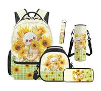 SEANATIVE Sunflower Backpack Set of 5 Axolotl 17 Inch Soft Backpack with Lunch Bag Pencil Pouch for 9-12 Years Old Elementary to Middle School Gift for Sister