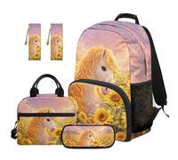 SEANATIVE Sunflower Backpack Set of 5 Horse 17 Inch Lightweight Backpack with Lunch Bag Pencil Pouch for 9-12 Years Old Elementary to Middle School