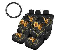 SEANATIVE Sunflower&Butterfly Heart Shape Print Vintage Car Seat Covers Set of 4,Universal Auto Interior Front&Rear Seat Cushion Pads+Steering Wheel Cover