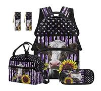SEANATIVE Sunflower Kids Backpack with Lunch Bag, Cow Print Backpack 5 Piece Set Large Capacity 17 Inch School Bag Set with Pencil Case & 2 Bookmarks for Girls 9-12 Gift for Daughter