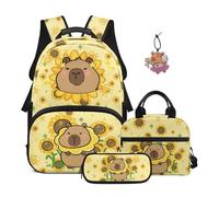 SEANATIVE Sunflower Kids School Backpack with Lunch Bag, Capybara Backpack 4 Pcs Set Durable 17 Inch Bookbag Set with Pencil Case & Pendant for 9-12 Years Old Girls