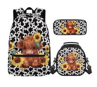 SEANATIVE Sunflowers Highland Cow 3 Pieces School Backpack Zipper Around, Polyester School Book Bag Rucksack with Lunch Box and Pencil Case for Boys Girls, Sturdy Satchel Casual Daypack