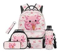 SEANATIVE Sweet Axolotl Girls Backpack Set 5 Pcs Pink Ice Cream 17 Inch Soft Backpack with Lunch Bag Pencil Pouch for 9-12 Years Old Elementary to Middle School Kawaii Bookbag Set