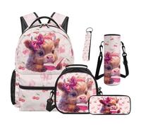 SEANATIVE Sweet Backpack Set 5 Pcs Highland Cow Large Capacity Bookbag with Insulated Lunch Bag Pencil Case for Girls Elementary Primary Multifunctional School Bags