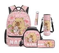 SEANATIVE Sweet Capybara Backpack Set 5 Pcs Custom Name 17 Inch Water Resistant Backpack with Lunch Bag Pencil Case for 9-12 Years Old Elementary to Middle School Kawaii Bookbag