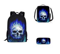 SEANATIVE Teens Kids Backpack for High School Skull Boys School Bags Blue Fire Schoolbag with Lunch Box Pencil Pen Case 3 in 1 Large Capacity School Bookbag
