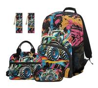 SEANATIVE Tractor Kids Backpack with Lunch Bag, Cartoon Backpack 5 Pcs Set 17 Inch Lightweight Bookbag Set with Pencil Case & 2 Bookmarks for Boys 9-12 Elementary