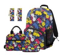 SEANATIVE Tractor Kids Backpack with Lunch Bag, Colorful Print Backpack 5 Pcs Set 17 Inch Lightweight Bookbag Set with Pencil Case & 2 Bookmarks for Boys 9-12 Elementary