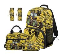 SEANATIVE Tractor Print Kids Backpack Set for Boys 9-12 Years Old, 17 Inch 5 Pcs School Bag with Lunch Box, Pencil Case & 2 Bookmarks for Middle School