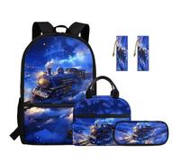 SEANATIVE Train Print Kids Backpack Set 5 Pcs 17 Inch Lightweight School Bag for Boys with Lunch Bag, Pencil Case and Bookmarks Cool Breathable Backpack for 9-12 Years Old