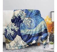 SEANATIVE Van Gogh Starry Night and Japanese The Great Wave Painting Artistic Flannel Blanket,Ultra-Soft Cozy Plush Blanket,All-Season Air-Conditioning Throw Blanket for Women Girls-3XL