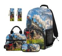 SEANATIVE Vintage Backpack Set of 5 Train Print 17 Inch Soft Backpack with Lunch Bag Pencil Pouch for 9-12 Years Old Elementary to Middle School Fashion Boys Bookbag