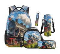 SEANATIVE Vintage Train Backpack Set 5 Pcs Cartoon 17 Inch Water Resistant Backpack with Lunch Bag Pencil Case for 9-12 Years Old Elementary to Middle School Cool Boys Bookbag