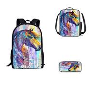SEANATIVE Watercolor Horse School Backpack for KidsLightweight School Bookbag 3 Piece Resuable Lunch Box Canvas Pencil Holder Large Capacity School Bag
